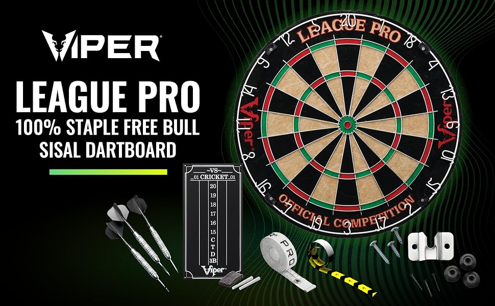 Viper League Pro dartboard, 17.75 inch sisal bristle board, steel tip starter set