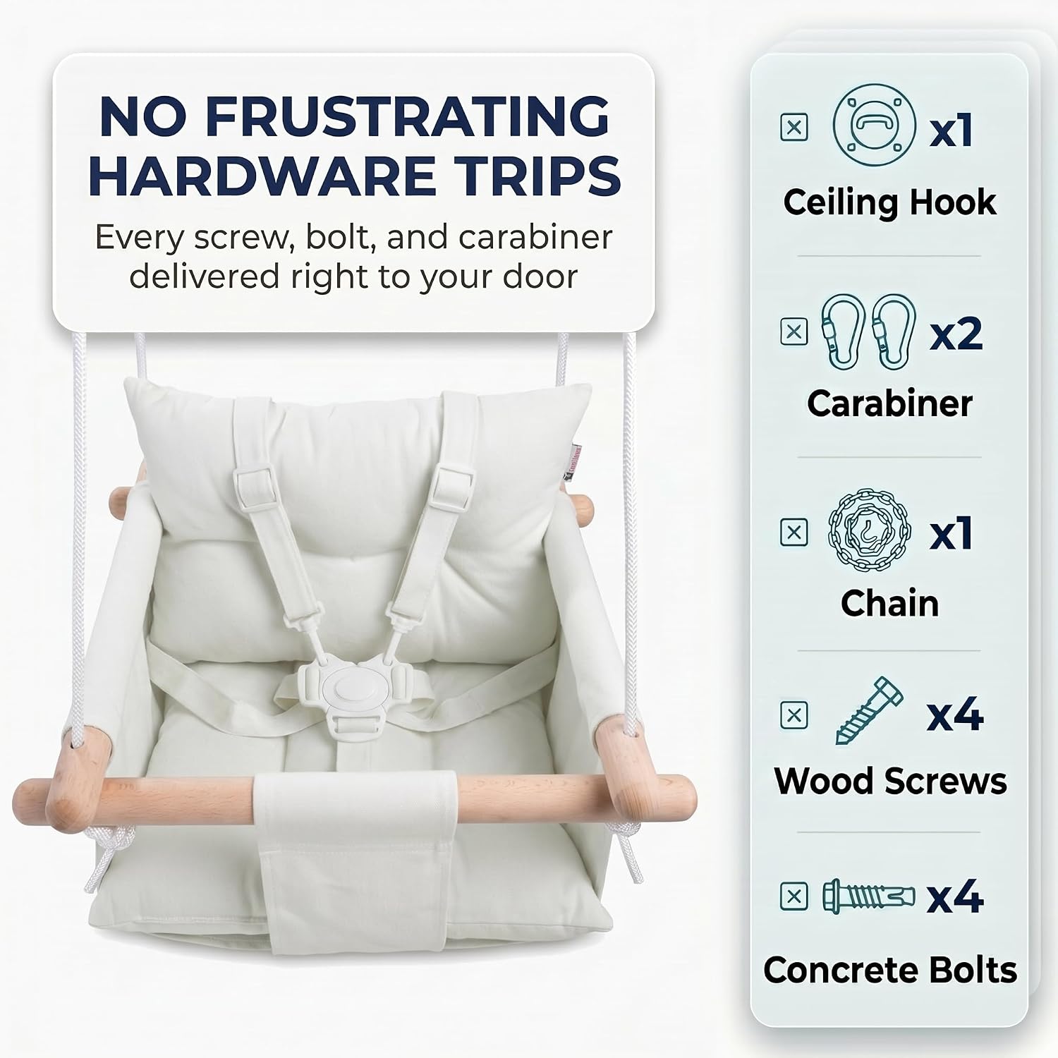 CaTeam Canvas Baby Swing Seat with 5-Point Safety Belt — Wooden Hanging Toddler Swing, Indoor & Outdoor, Ages 1-4, Ceiling Mount Hardware Included