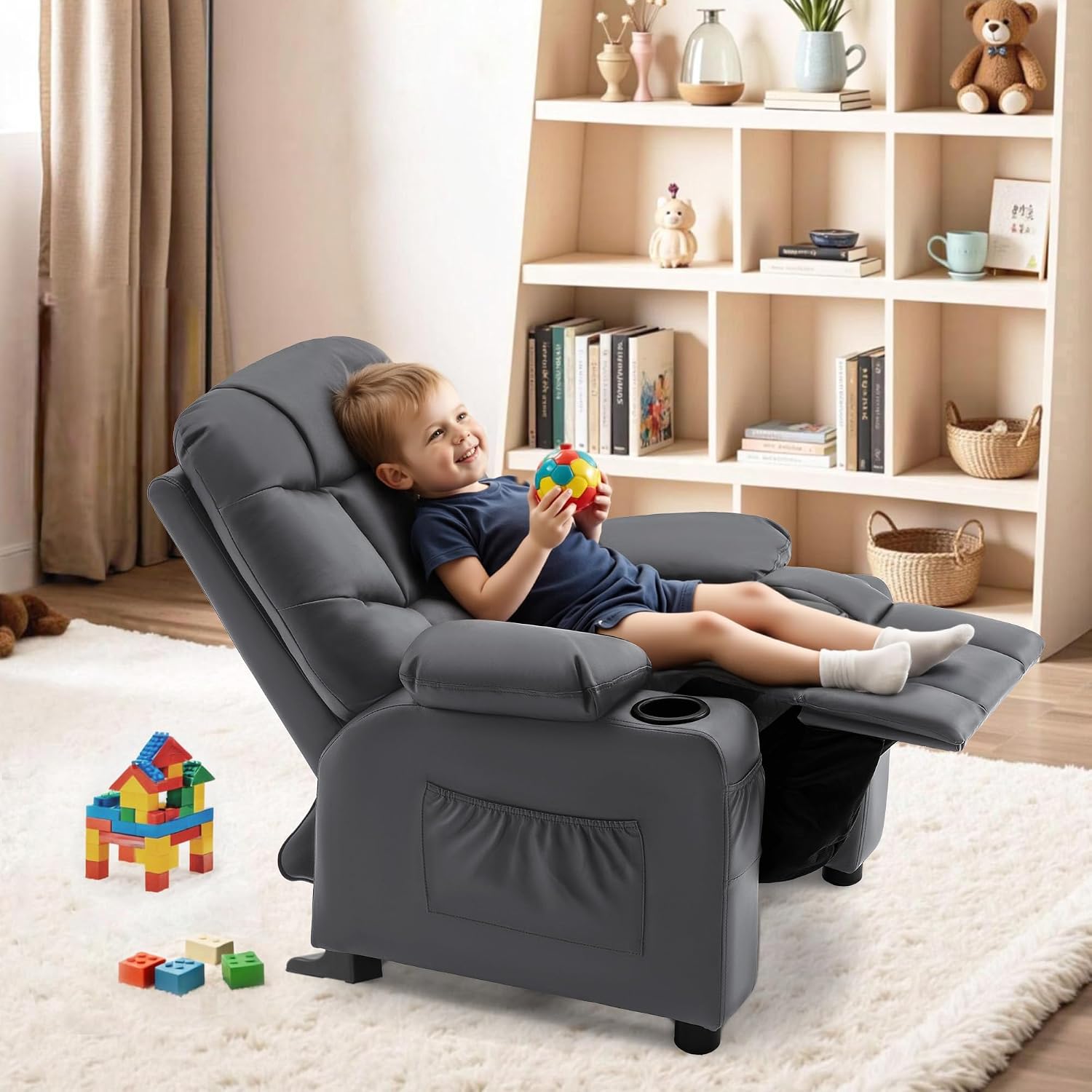 MCombo Big Kids Recliner for Ages 3+, Toddlers Recliner 7355 Velvet, Blue