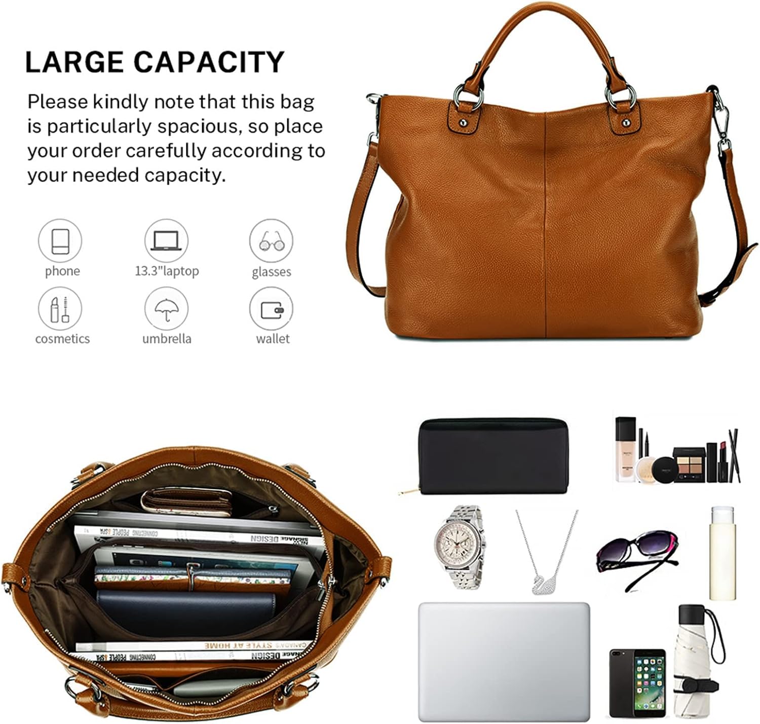 Kattee Genuine Leather Tote Purse for Women, Top Handle Satchel | Soft genuine leather tote with roomy storage and versatile carry for work, shopping, and travel.