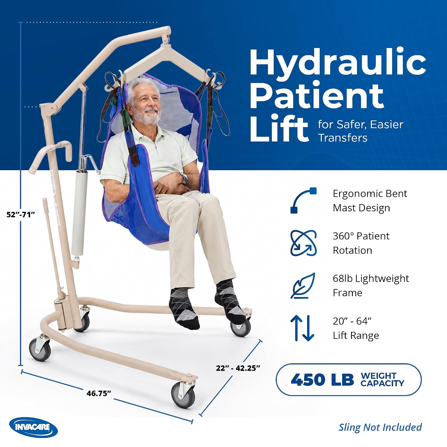 Invacare Hydraulic Patient Lift, Lightweight Transfer Lift Chair with 450 lb Weight Capacity, Bent Mast for Safer Transfers, 6-Point Padded Swivel Bar