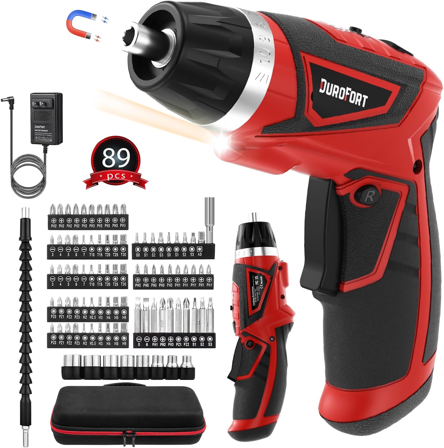 Cordless Electric Screwdriver Set, 8V 10Nm Rechargeable Power Electric Drill, Battery Screw Gun with Driver Bit, 320RPM/10+1 Torque, 2 Position Handle, Flexible Shaft LED Light (Red, 28Pcs)