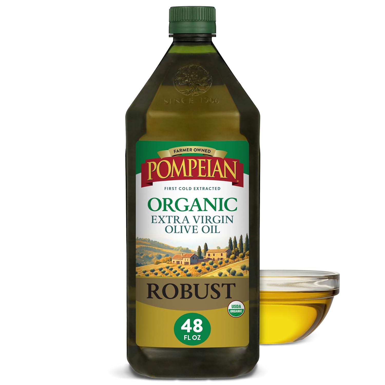 Pompeian Robust Organic Extra Virgin Olive Oil - 16 fl oz | First Cold Pressed Olive Oil for Cooking - Full-Bodied Taste for Dressings and Marinades