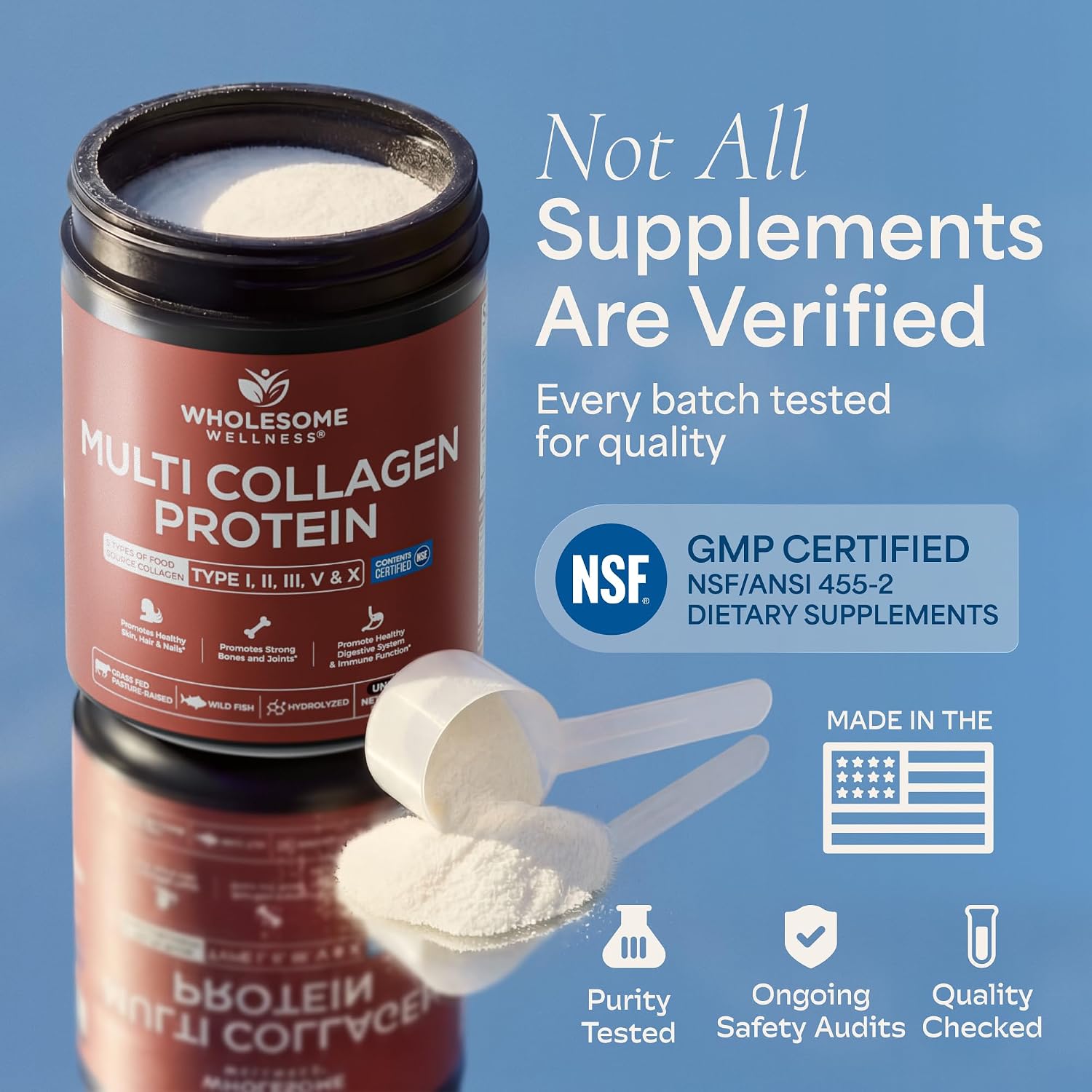Wholesome Wellness Premium Multi Collagen Peptides Protein Powder for Women and Men, 5 Types of Hydrolyzed Collagen, Grass-Fed, Non-GMO & Unflavored
