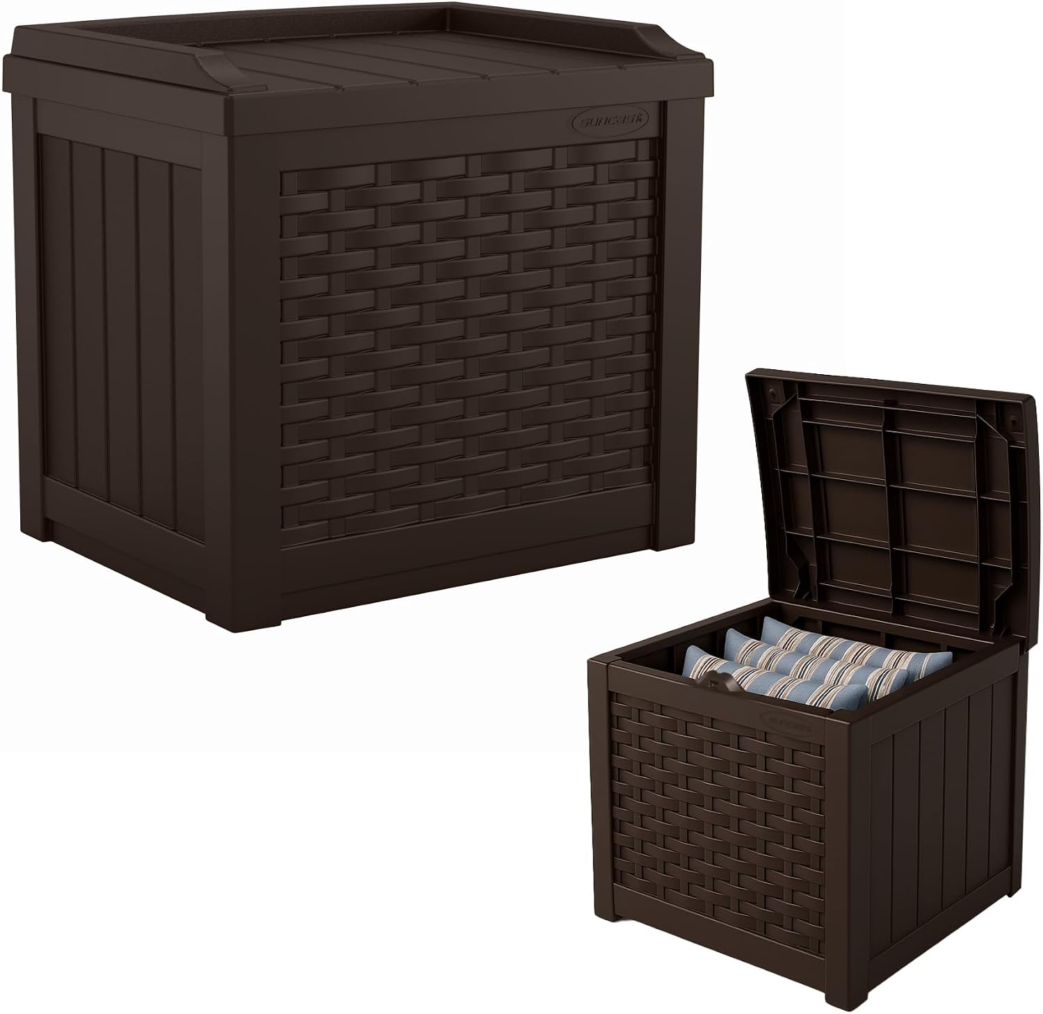 Suncast Outdoor Deck Box - 22 Gallon Java Resin Outdoor Storage Box, Weatherproof Patio Storage Bin Container for Seating & Organizing Cushions