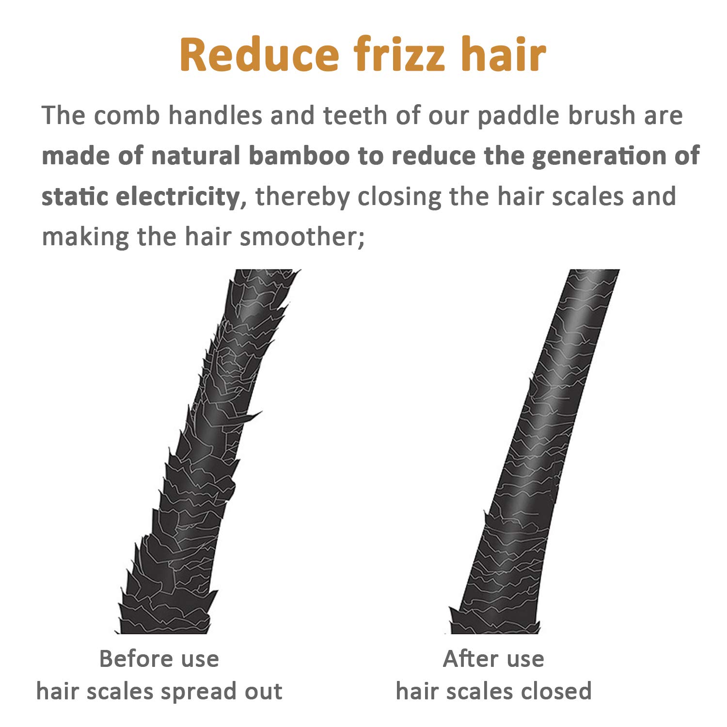 Paddle brush, hair brush, Made of pure natural bamboo, no paint coating, massage the scalp while combing hair to promote blood circulation