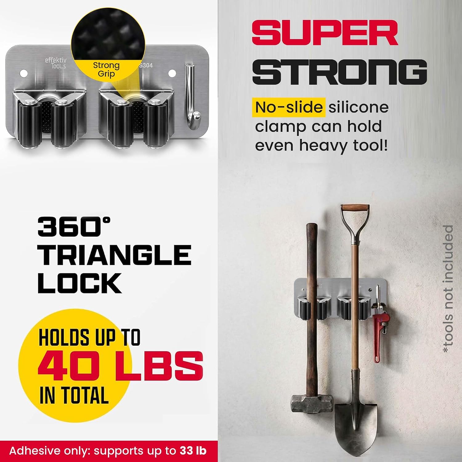 Wall Mount Hanger for Brooms & Mops - Adhesive Stainless Steel Mops & Broom Holder, 4 Clamps, 3 Hooks