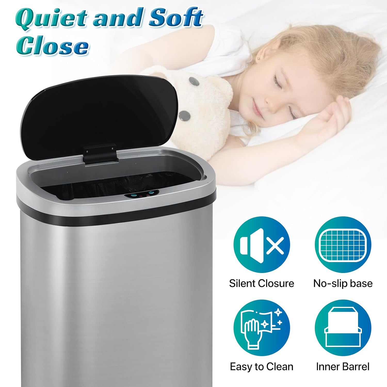 Dkeli 13 Gallon Automatic Motion Sensor Trash Can, Stainless Steel Touchless Kitchen Trash Can with Lid, 50L High-Capacity Office Bathroom Bedroom Garbage Bin
