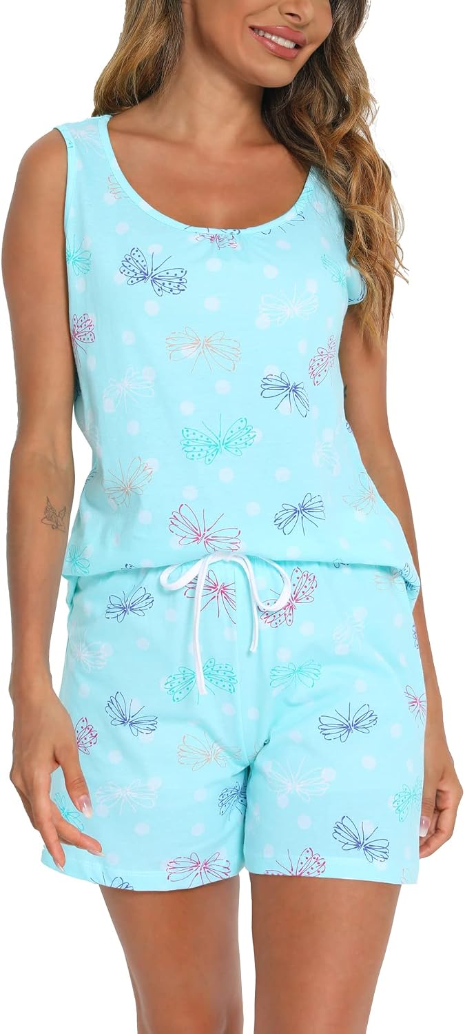 ENJOYNIGHT Womens Pajama Set Cotton Summer Sleep Tank and Shorts Pjs