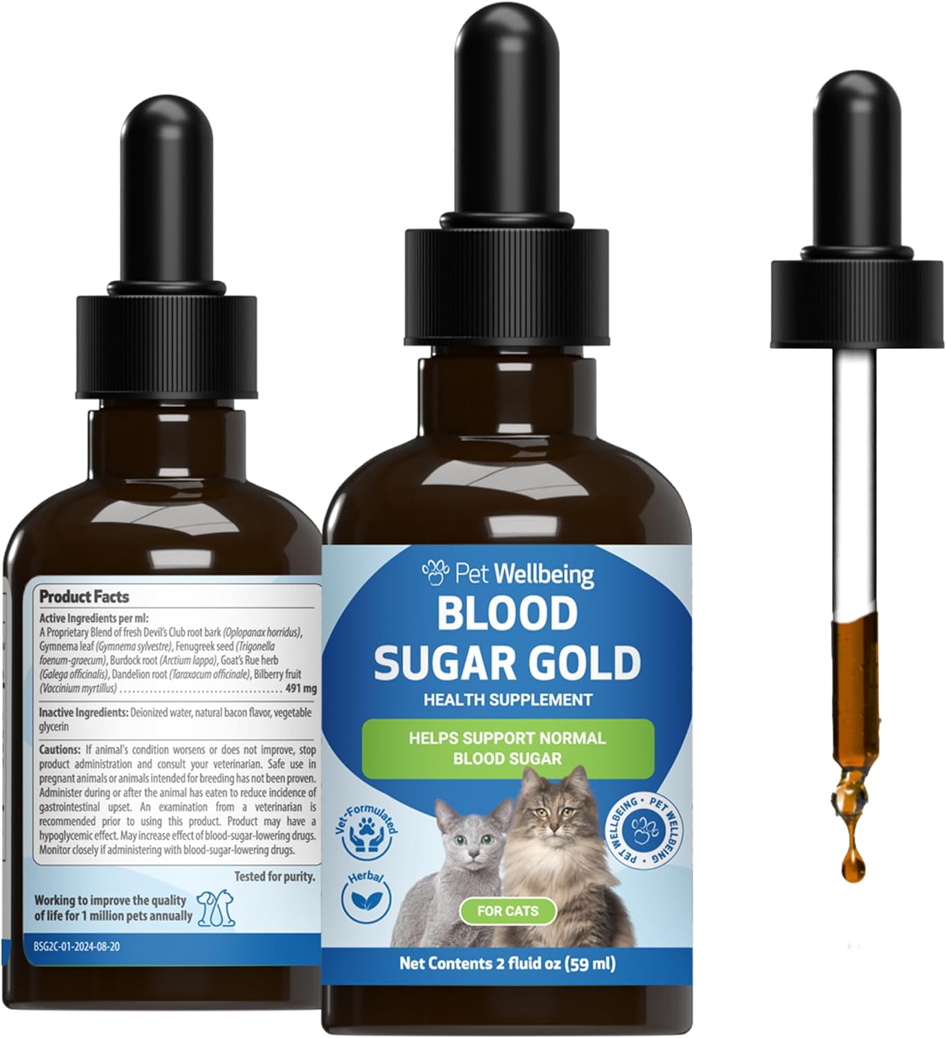Pet Wellbeing Blood Sugar Gold for Cats - Blood Sugar Support, 2 oz | NASC Certified & Vet-Formulated Liquid Blood Glucose Supplement with Gymnema & Devil’s Club for Insulin & Pancreatic Support