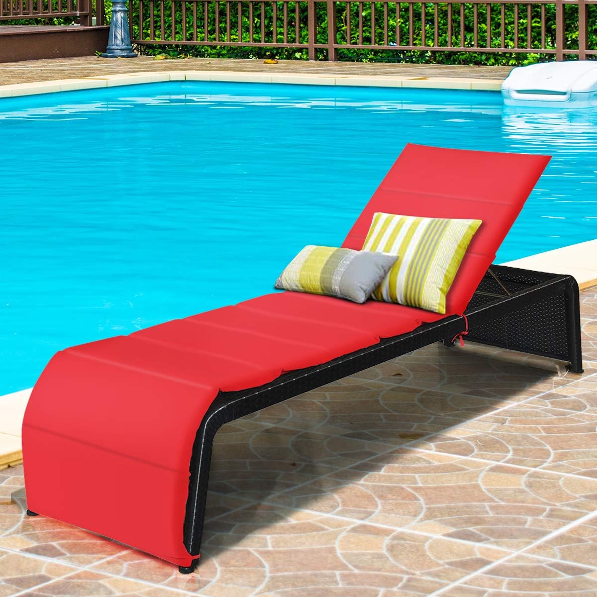 Tangkula Outdoor Chaise Lounge Chair, 5-Position Adjustable Rattan Recliner Chair w/Cushioned Seating and Adjustable Feet