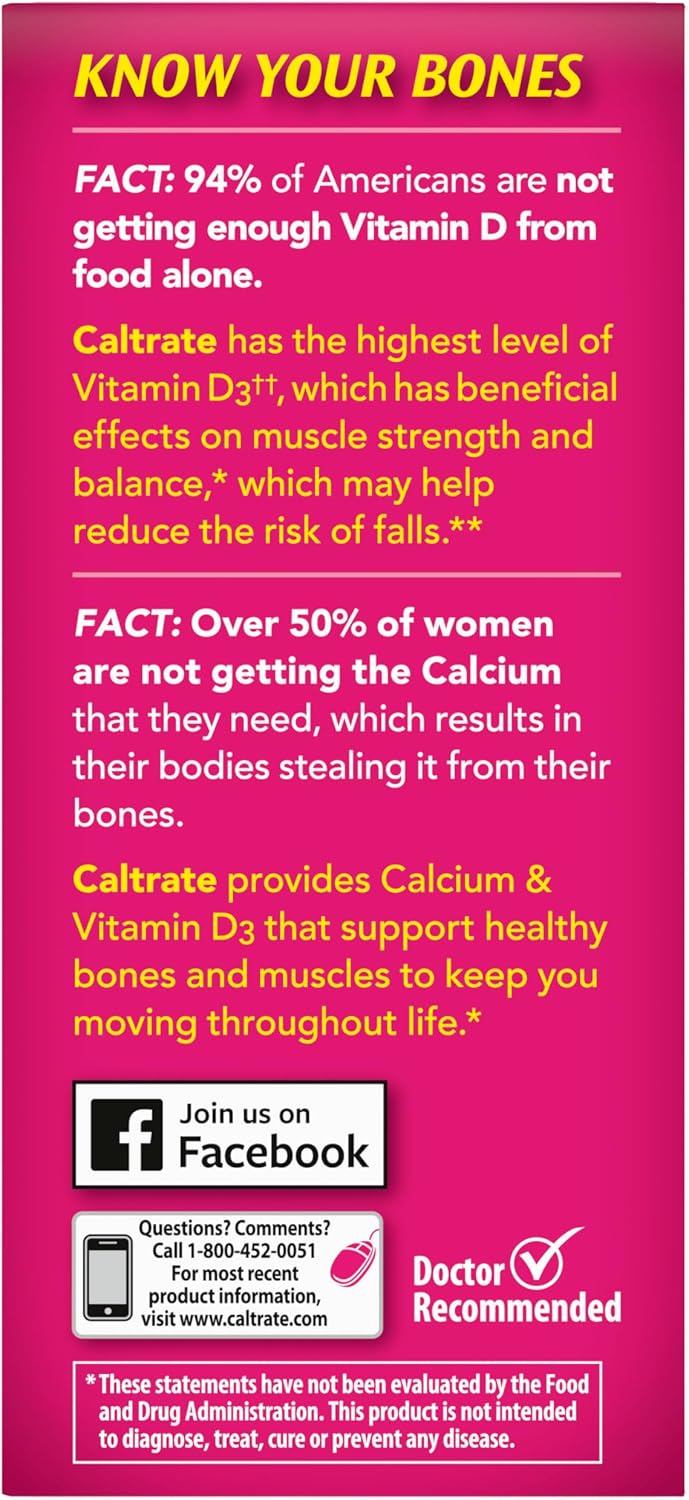 Caltrate 600 Plus D3 Vitamin D and Calcium Supplement Tablets, 165 Count | Highest Level of Vitamin D3, Maximizes Calcium Absorption to Support Strong Bones and Daily Function