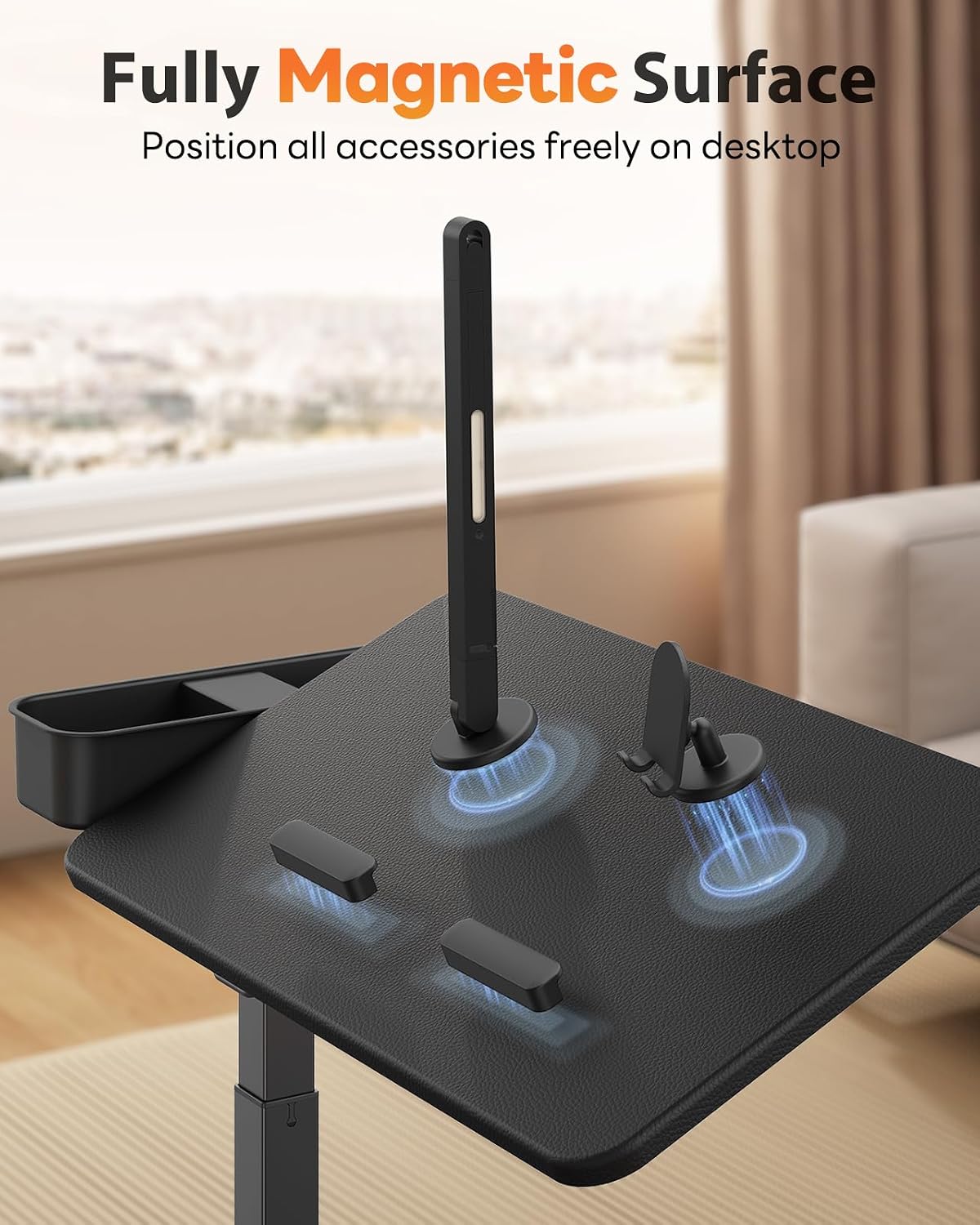 SAIJI Magnetic Height and 360° Angle Adjustable Overbed Bedside Table Tray | Lengthened Over Bed Desk with Wheels