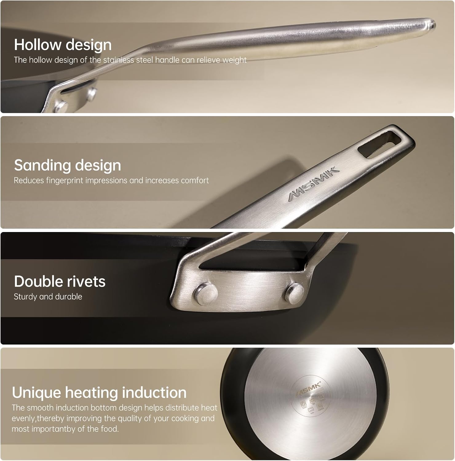 MsMk 12 Inch Nonstick Frying pan with Lid, Grey Large Cooking Pan Skillet