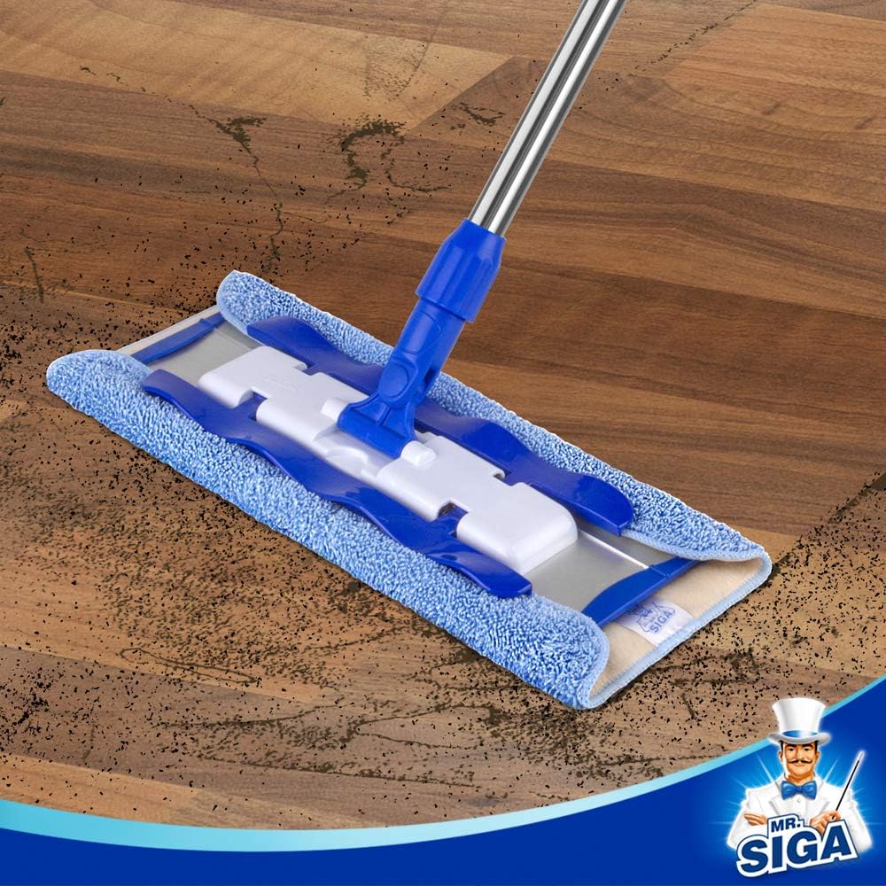 MR.SIGA Professional Microfiber Mop for Hardwood, Laminate Floor Cleaning | Stainless steel telescopic handle, 3 reusable microfiber flat mop refills and 1 dirt removal scrubber included