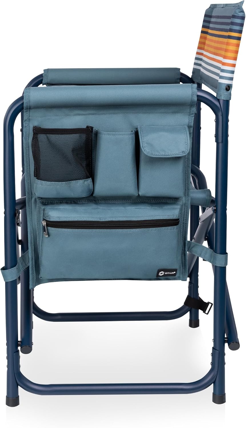PICNIC TIME Sports Chair with Side Table and Armrest Caddy, Lightweight Aluminum Folding Outdoor Camping Chair for Adults, Portable Director Style Lawn Seating with Pockets & Carry Strap, (Navy Blue)
