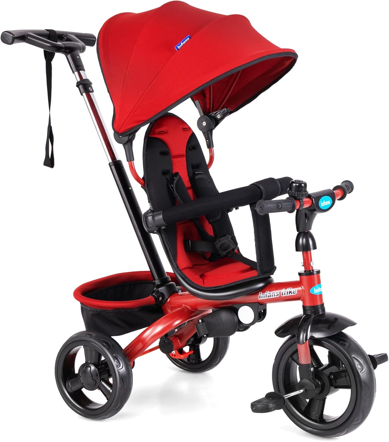 INFANS Kids Tricycle, 6 in 1 Stroll Trike with Adjustable Push Handle, Removable Canopy, Retractable Foot Plate, Lockable Pedal, Detachable Guardrail, Suitable for 10 Months to 5 Years (Blue)