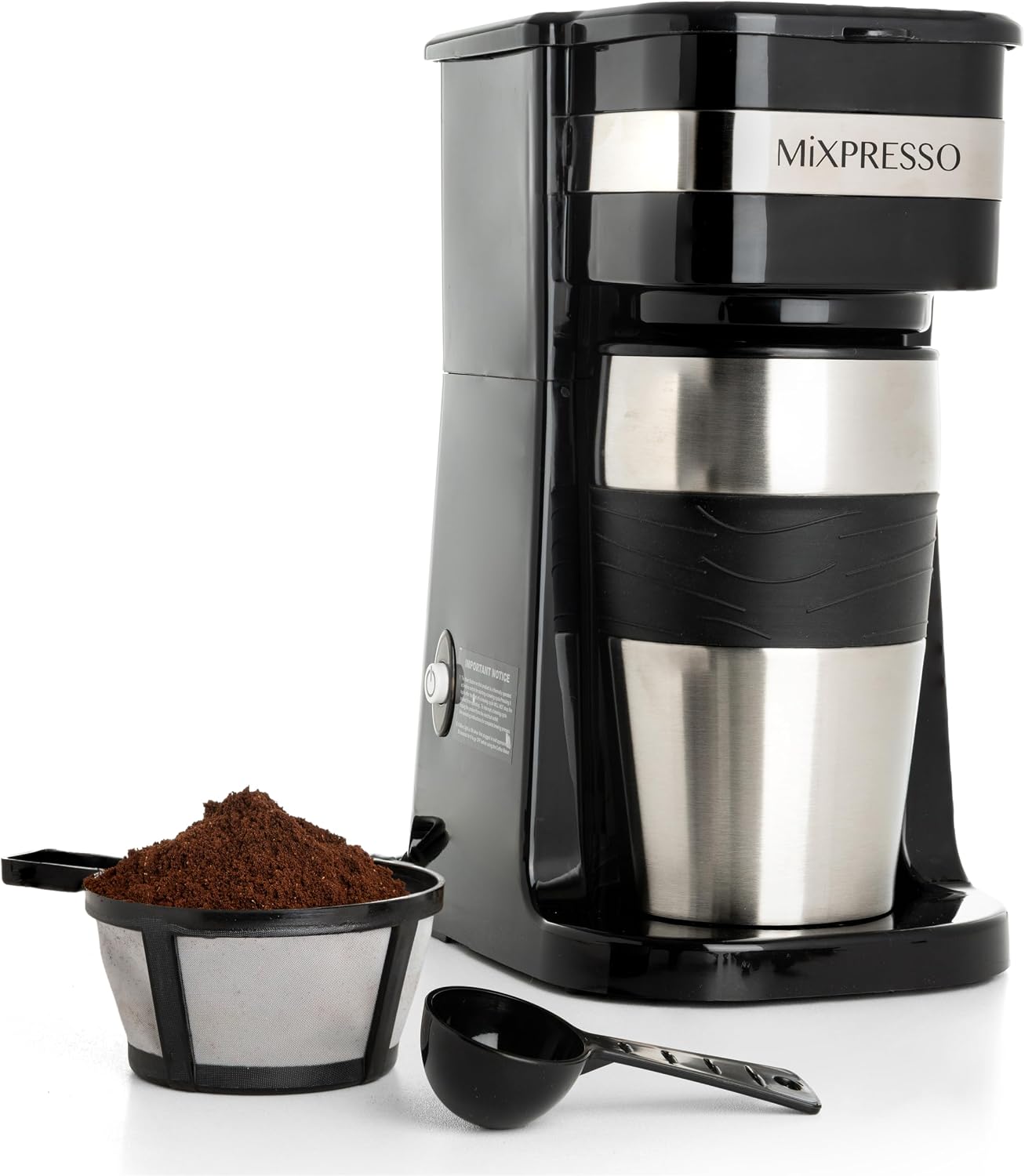 Mixpresso Single Serve & Single Cup Coffee Maker with 14oz Travel Mug Black | For ground coffee only, reusable filter, auto shut off. Compact personal drip coffee maker, not compatible with K-Cup pods.