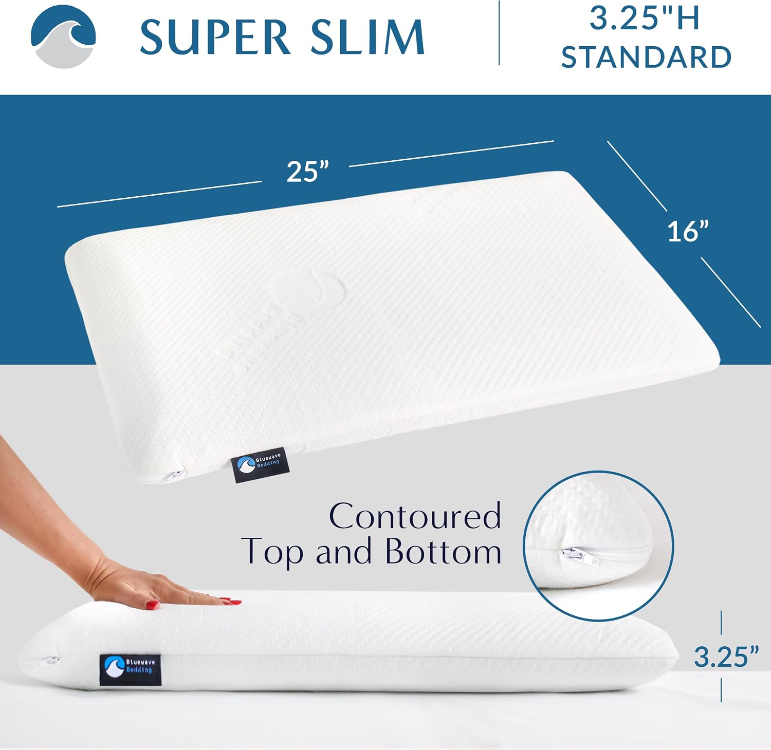 Bluewave Bedding Hyper Slim Gel Memory Foam Pillow for Stomach and Back Sleepers - Thin