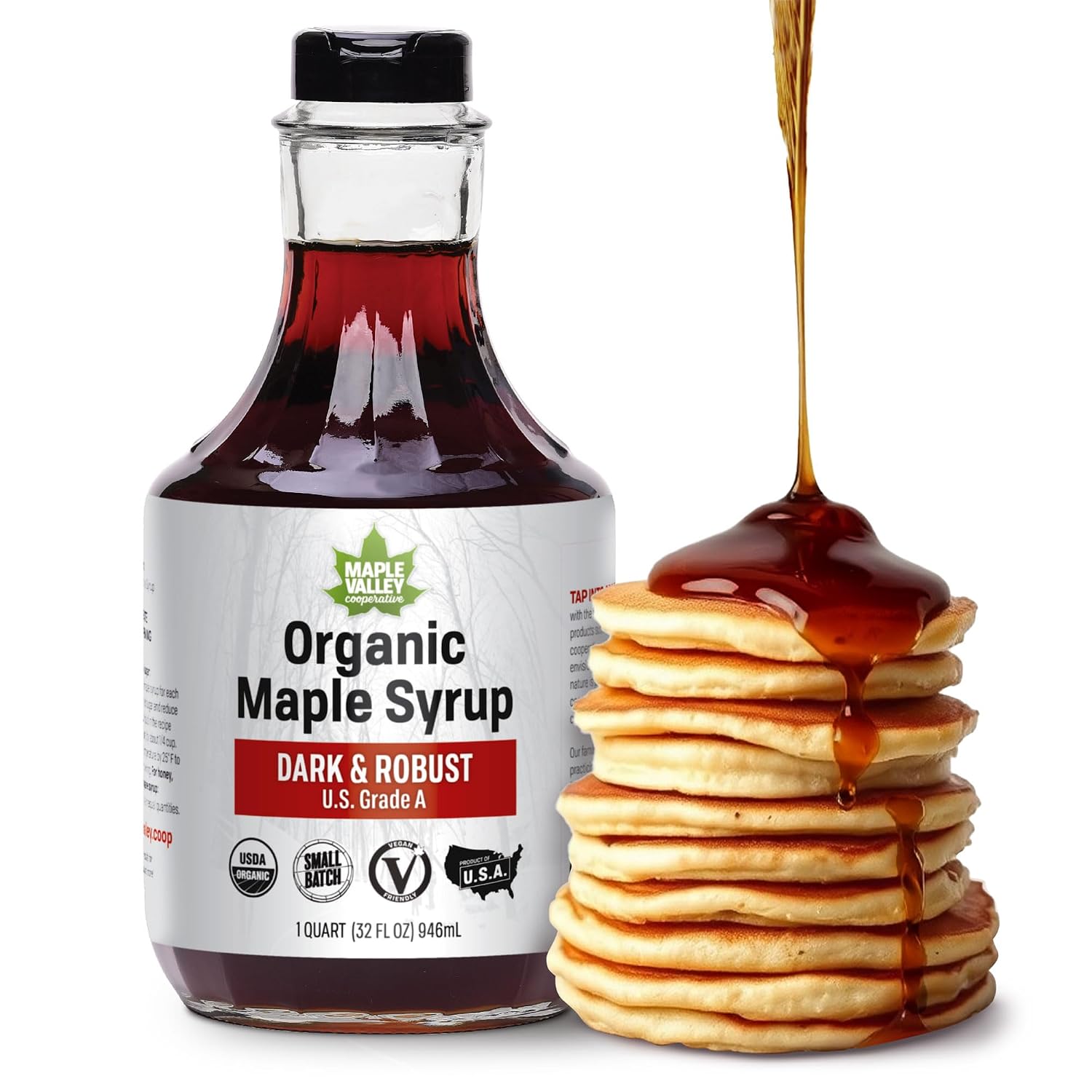 Maple Valley Organic Pure Maple Syrup, Dark & Robust, 32oz (Glass Bottle)​ | Naturally Sweetens Cooking, Baking, Coffee, Tea and Marinades; A Better Alternative to Refined Sugar and Table Syrup
