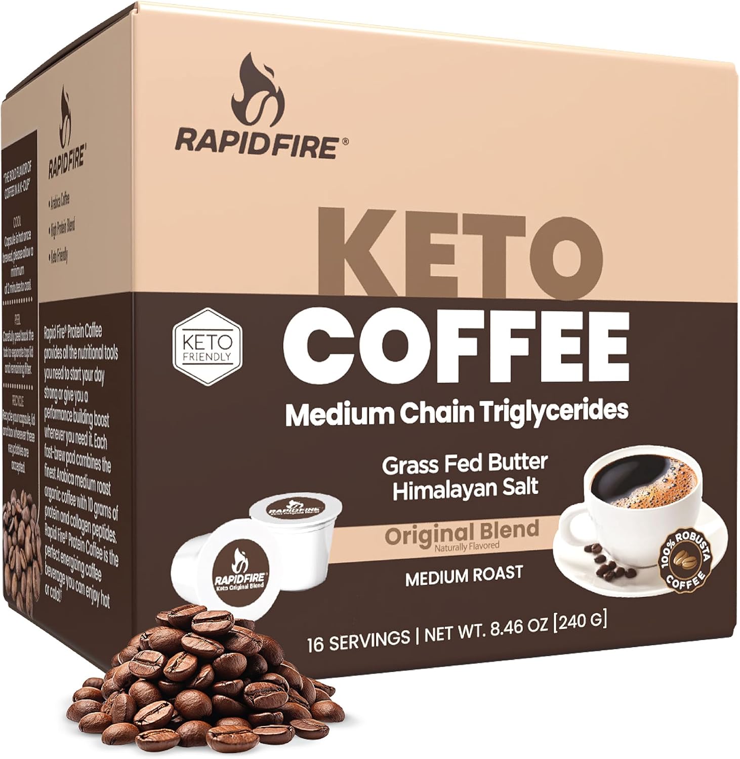 Rapidfire Caramel Macchiato Ketogenic High Performance Keto Coffee Pods, Supports Energy & Metabolism, Weight Management, Single Serve K Cup, Brown, 16 Count