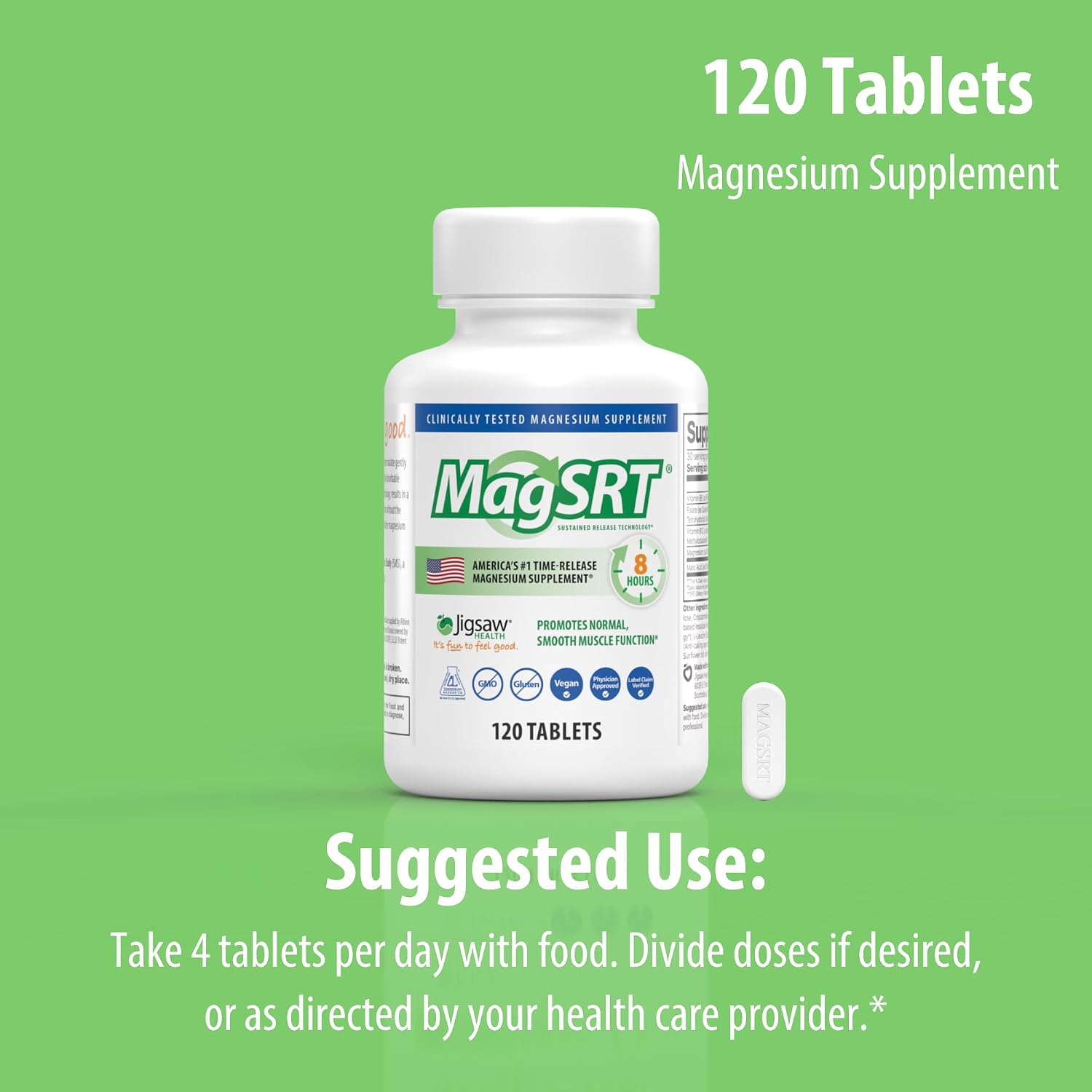 Jigsaw Health MagSRT | Magnesium Supplement with Vitamin B6, Folate & B12 | 240 Tablets | 60 Servings