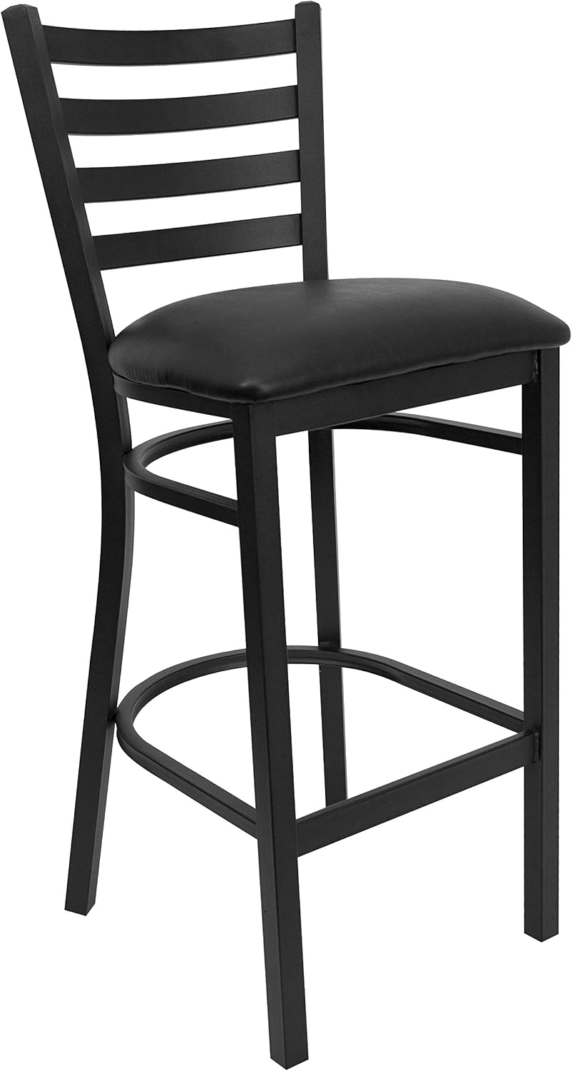Flash Furniture Hercules Series Ladder Back Metal Restaurant Barstool, Modern Upholstered Armless Bar Height Chair for Restaurants and Kitchens, Black | Vinyl Upholstery, Durable Construction, Commercial Use