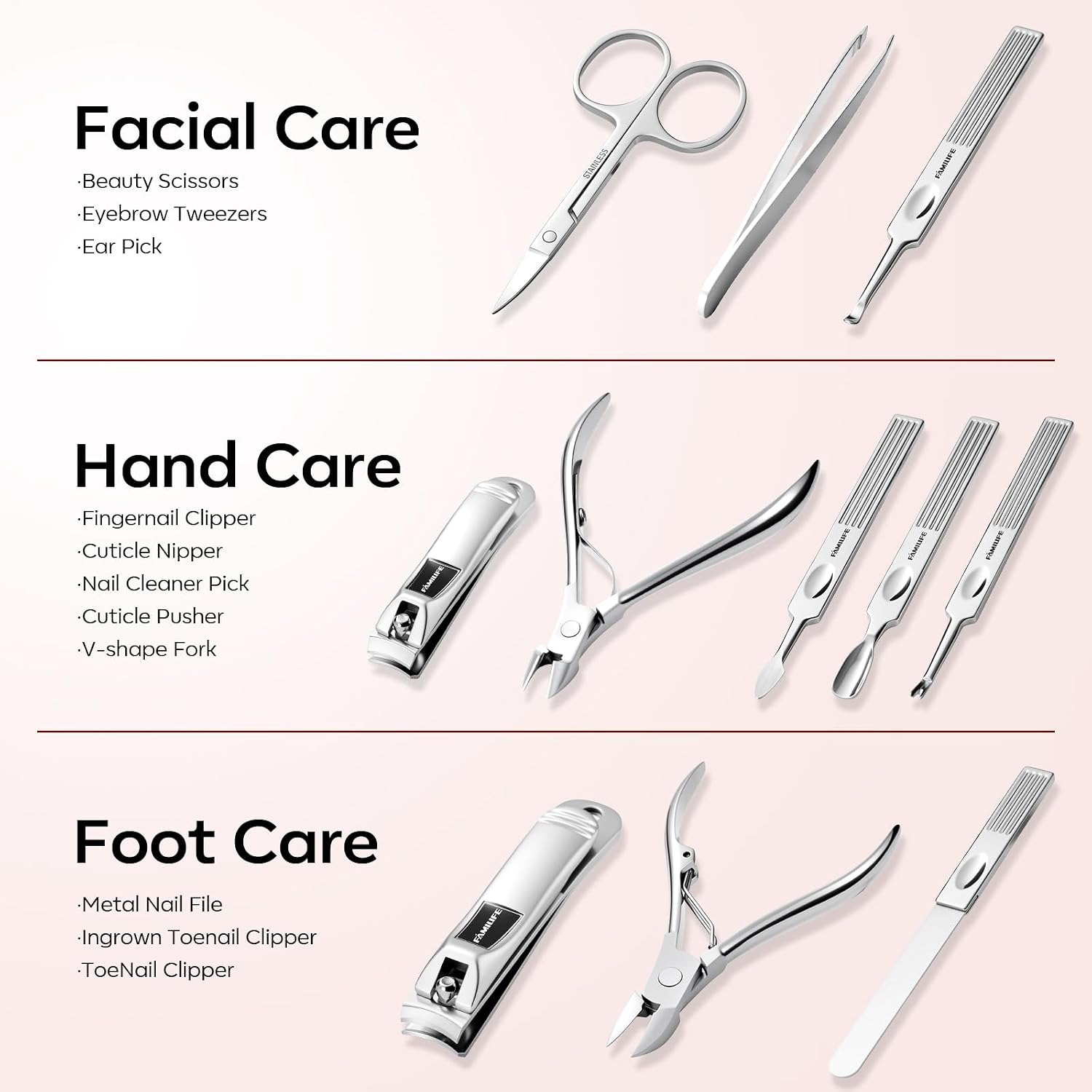 FAMILIFE Stainless Steel Manicure Set 11-in-1 Professional Nail Clipper Kit