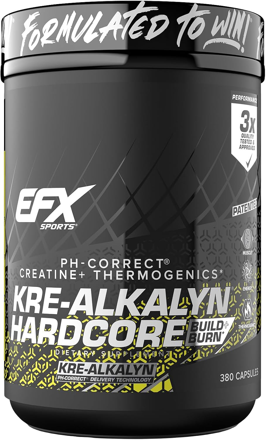 EFX Sports Kre-Alkalyn Hardcore | Thermogenic pH Correct Creatine Monohydrate Pill Supplement | Energy & Strength Pre Workout | 40 Servings, 120 Capsules