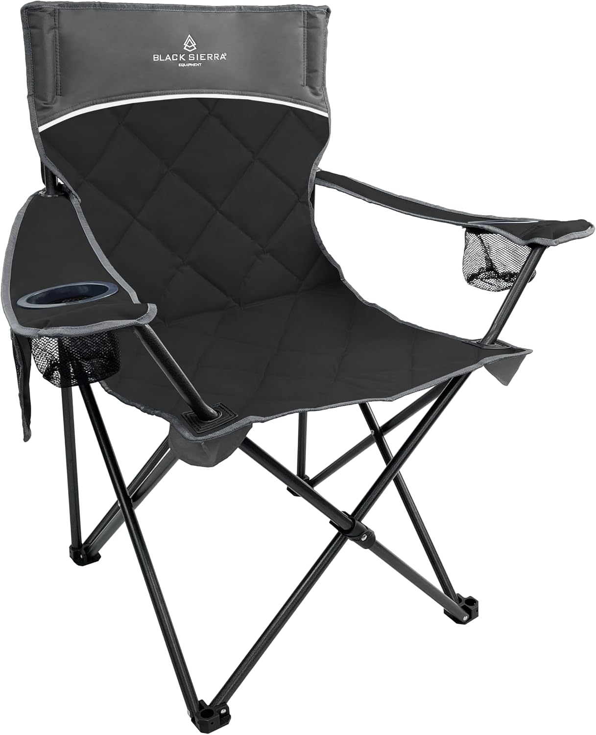 Black Sierra Quilted Padded Camping Chair, Oversized Heavy Duty Outdoor Lounge Seat Supports 300 lbs, Portable, Folding with Cup Holder for Beach, Tailgating, Sports, Patio