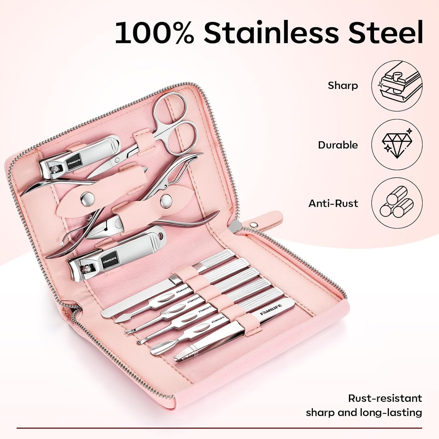FAMILIFE Stainless Steel Manicure Set 11-in-1 Professional Nail Clipper Kit