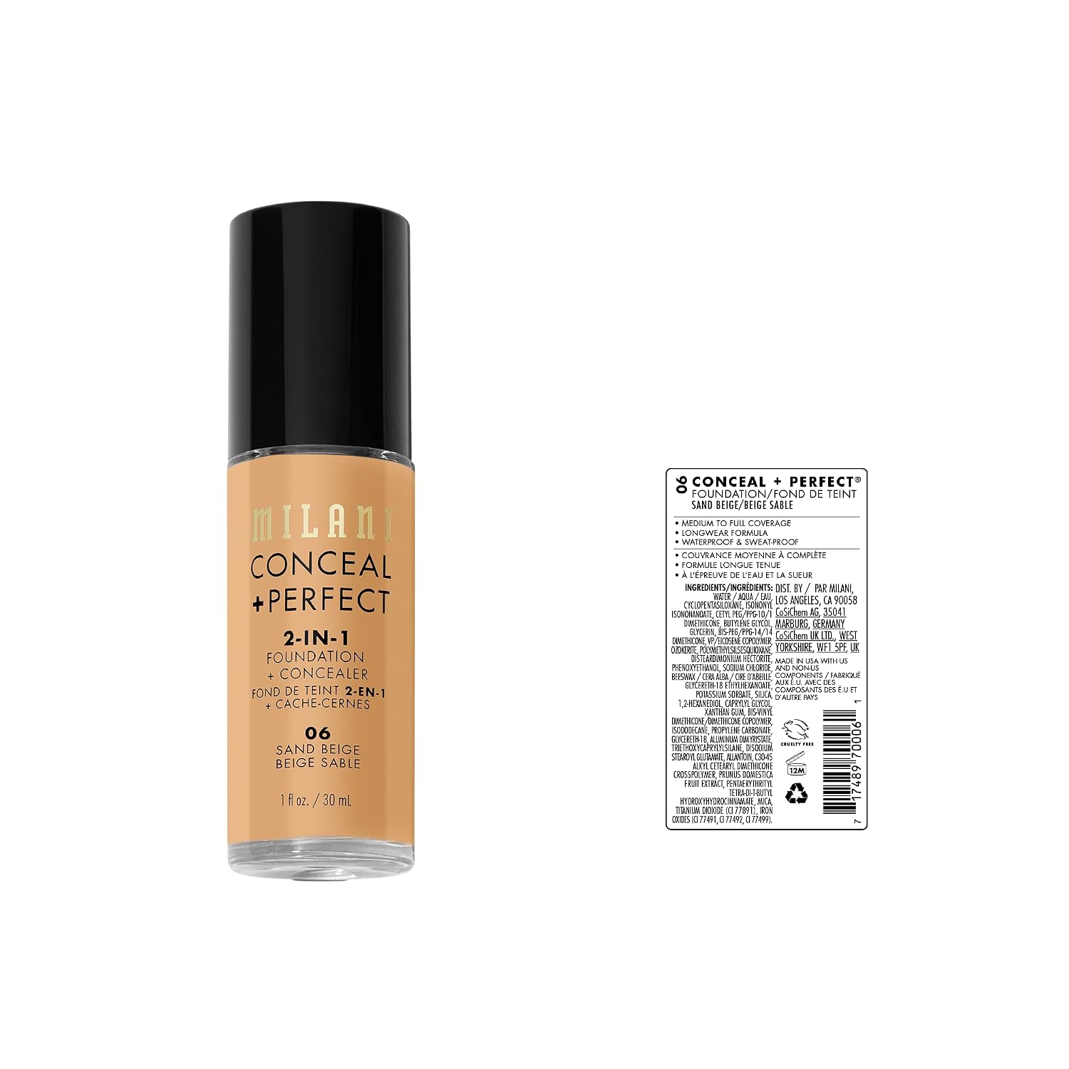 Milani Conceal + Perfect 2-in-1 Foundation + Concealer Makeup -13-Chestnut | Medium-To-Full Coverage, Natural-Matte Finish. Under Eye Corrector, Cover Redness & Imperfections. Waterproof & Sweat-Proof.