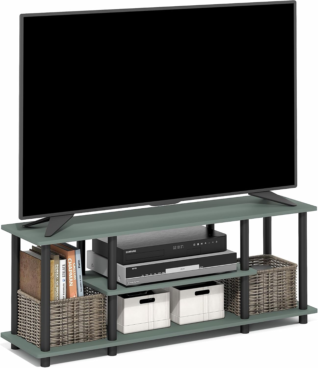 Furinno Turn-N-Tube No Tools 3D 3-Tier Entertainment TV Stand up to 50 inch TV, Round Tubes, French Oak Grey/Black | for TV up to 50 Inch, Open Frame Rectangular Entertainment Center with Storage Shelf, TV Console, for Living Room, Bedroom