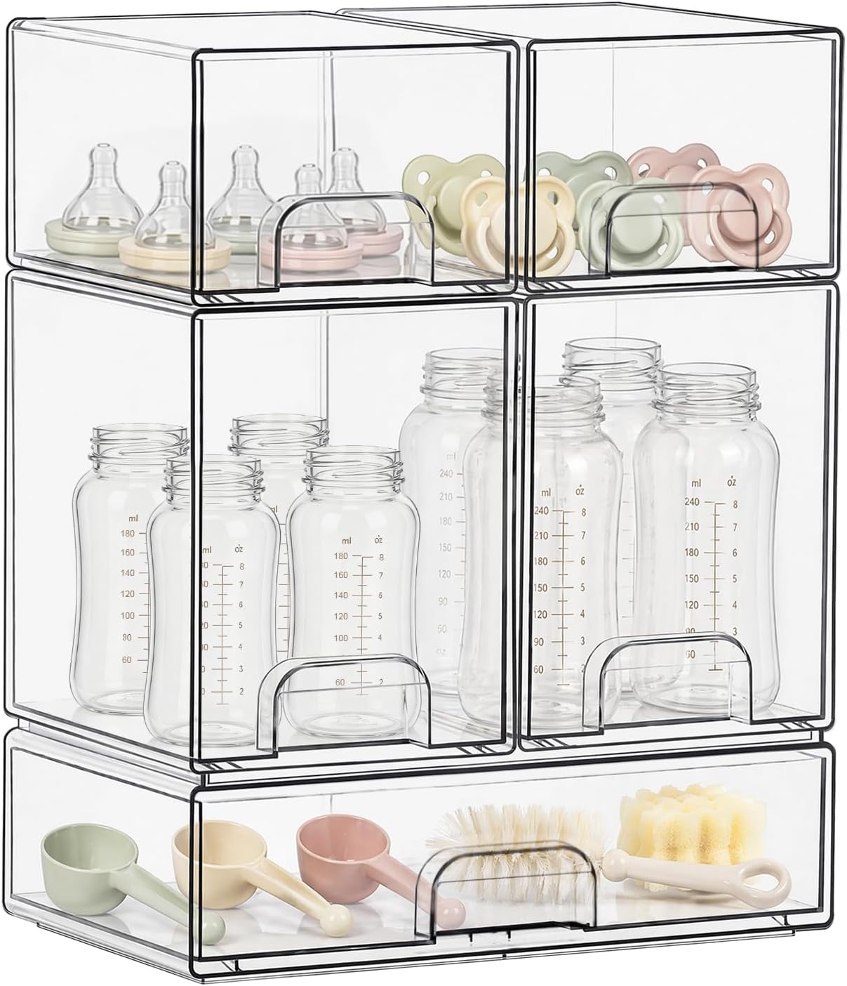 QRRICA Baby Bottle Organizer for Countertop, 5-Piece Stackable Clear Acrylic Storage with Non-Slip Pads & Handles – Large Capacity for Kitchen