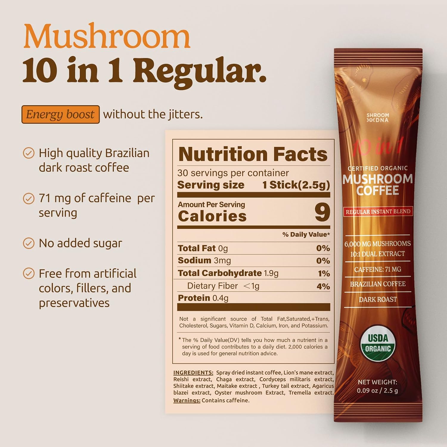 ShroomDNA Mushroom Coffee Blend with Chaga & Lion's Mane | Instant Focus + Clarity All Day | Organic + Vegan + Gluten Free | No Added Sugar | 20 Count