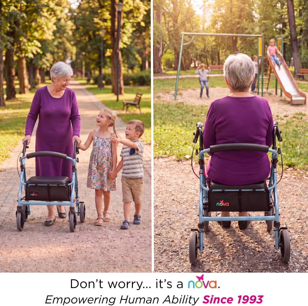 NOVA Zoom 22 Rollator Walker for Seniors, Rolling Walker with Locking Hand Brakes, Padded Seat & 8" Wheels, Lock N Load for Easy Transport & Storage, Adjustable Height 5'5"–6'1", Red