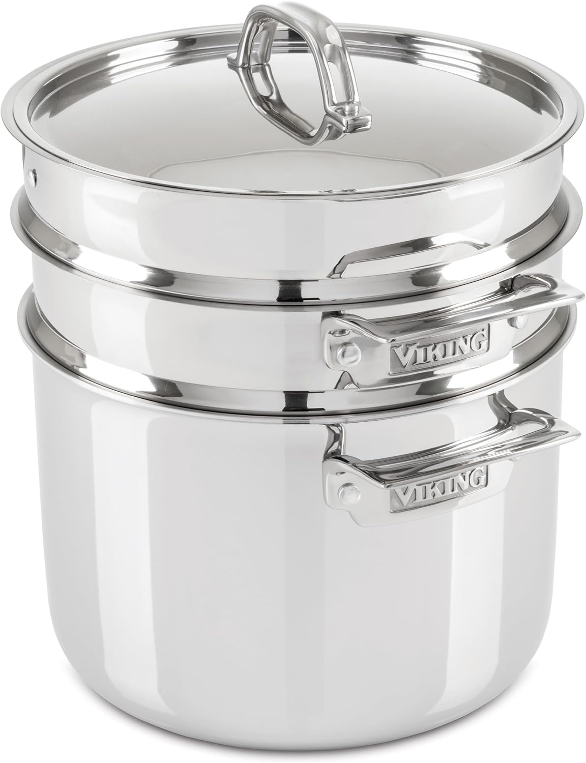 Viking 3-Ply Stainless Steel Pasta Pot with Lid, 8 Quart, 4 Piece Multipot Kitchen Cookware, Includes Pasta Insert and Steamer Basket