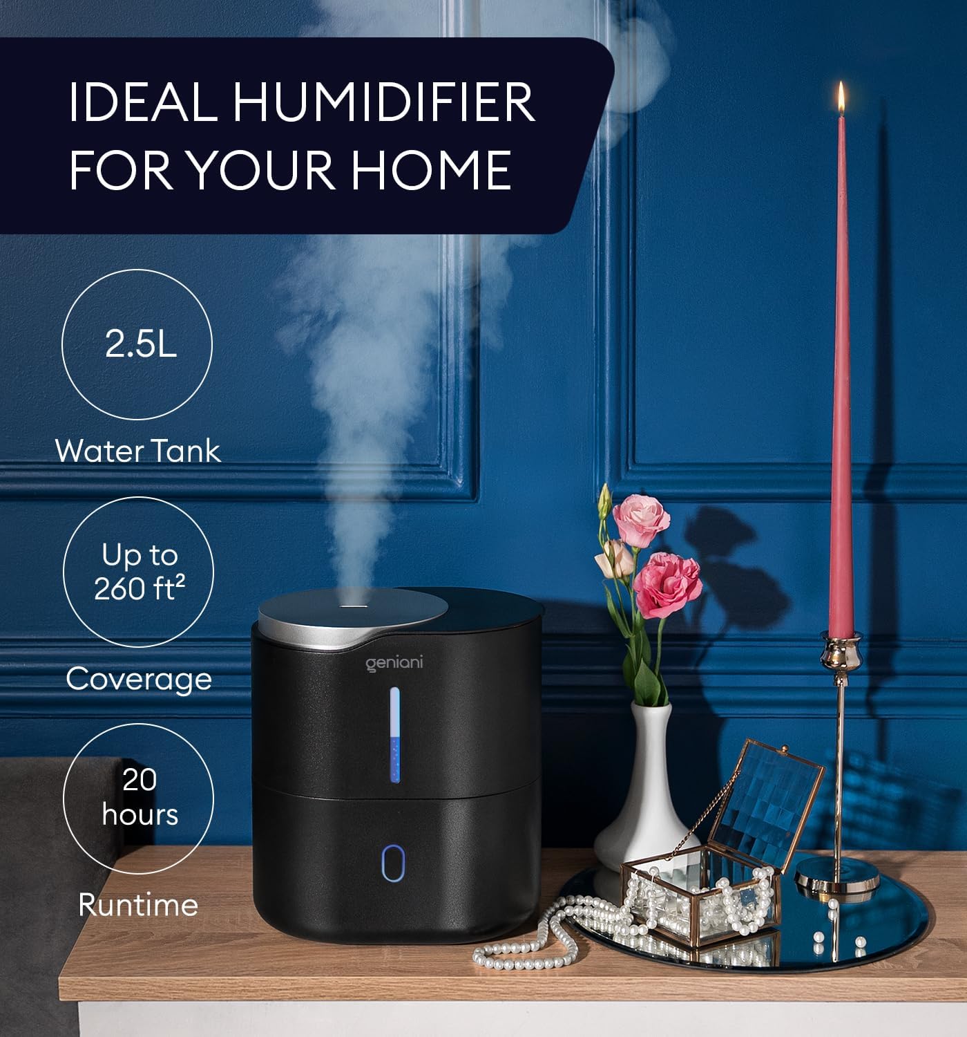 GENIANI Portable Cool Mist Humidifiers for Bedroom & Office - Ultrasonic Humidifier for Home, Baby, Small Room with Auto Shut Off