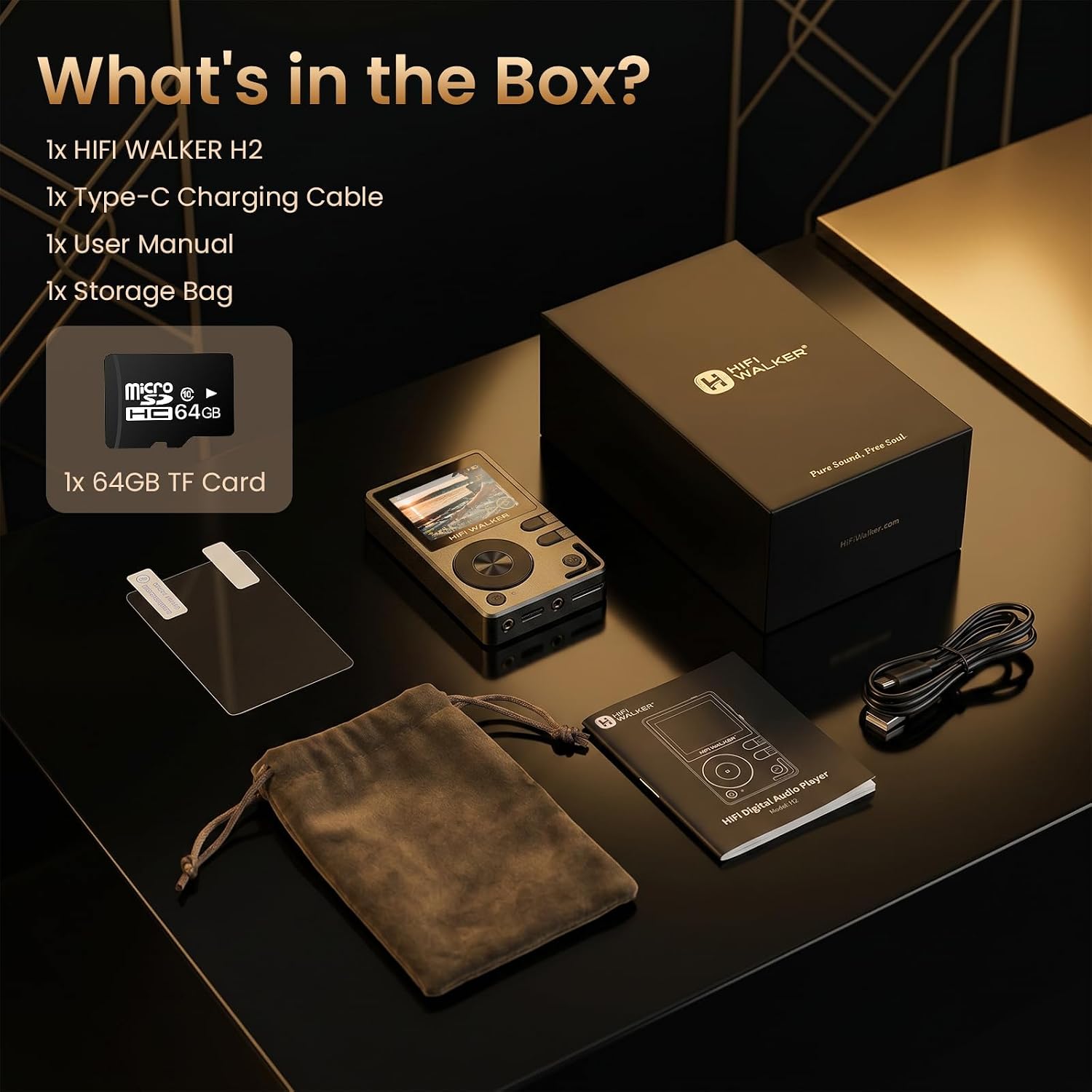 HIFI WALKER H2 Hi-Res Bluetooth MP3 Player with 64GB MicroSD Card, Portable Lossless Digital Audio Player with ESS DAC, DSD FLAC Support, USB DAC