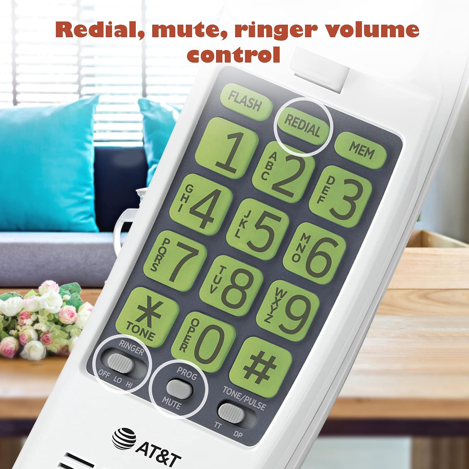 AT&T Trimline Corded Phone, No AC Power Needed, Extra Large Buttons, Visual Ringer, Lighted Keypad, 10-Number Speed Dial, Wall Mountable, White | 213