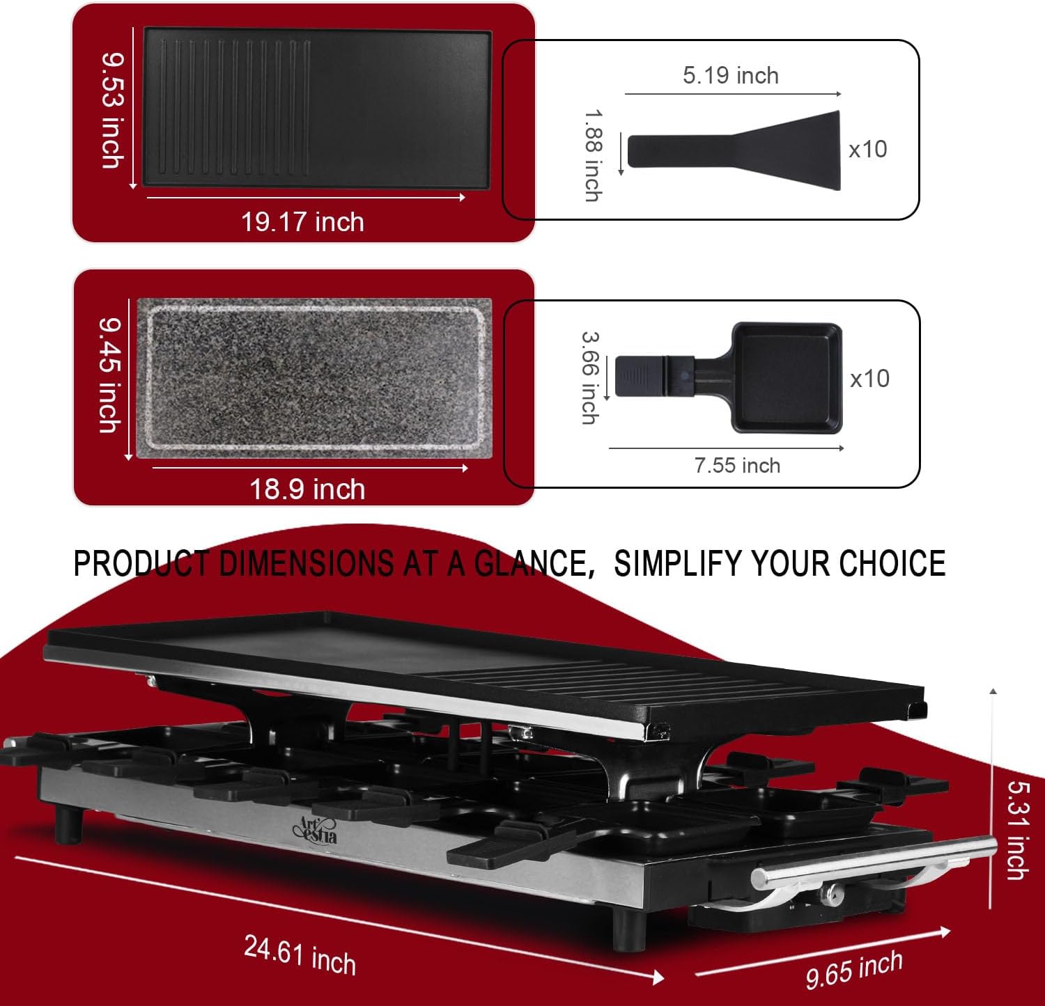 Artestia 1500W Large Size Raclette Cheese Grill | Adjustable Temperature Korean BBQ Grill, Cheese Raclette with Grill Stone for Parties Family
