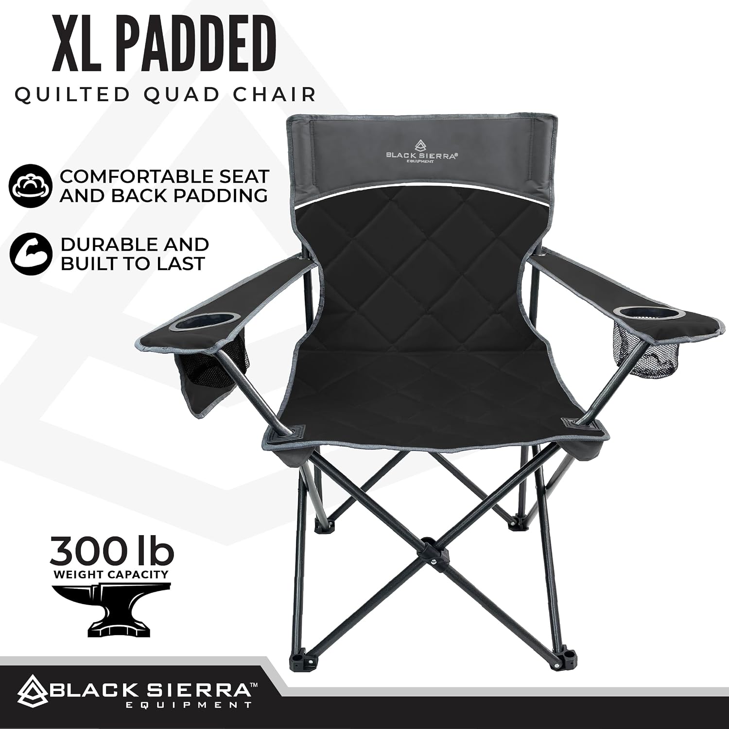 Black Sierra Quilted Padded Camping Chair, Oversized Heavy Duty Outdoor Lounge Seat Supports 300 lbs, Portable, Folding with Cup Holder for Beach, Tailgating, Sports, Patio