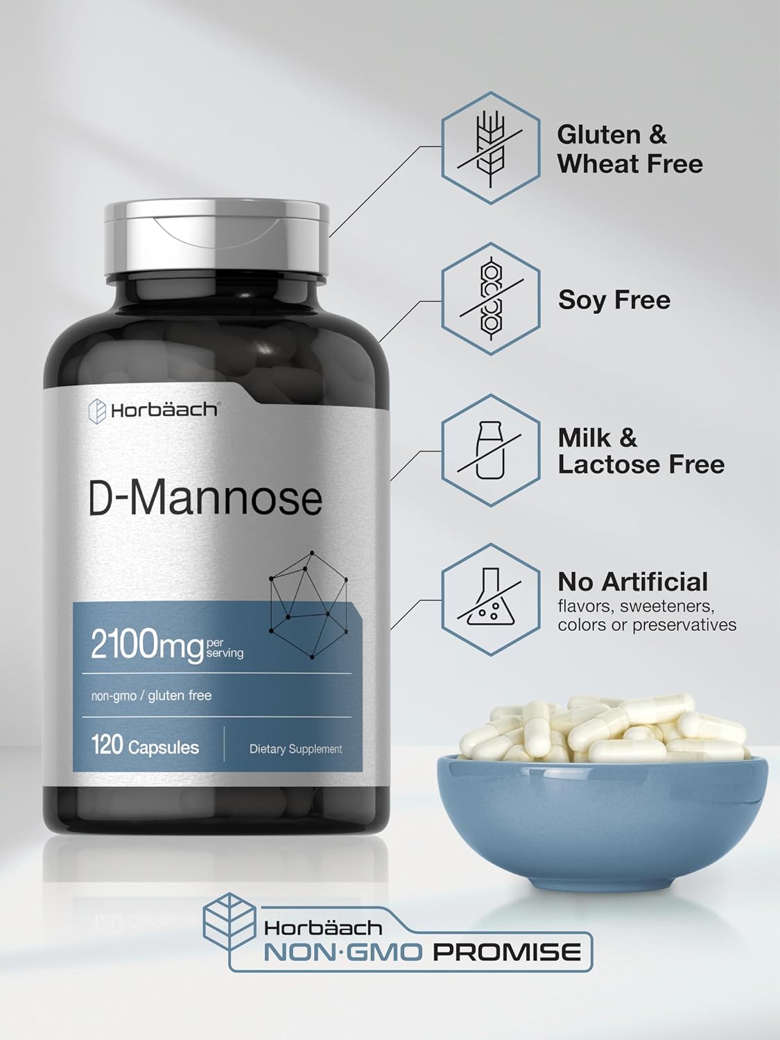 Horbäach D-Mannose Supplement 2100mg | 120 Capsules | Pills For Women and Men | Non-GMO & Gluten Free