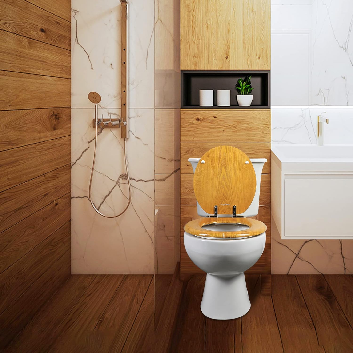Angel Shield Toilet Seat with Zinc Alloy Hinges Quiet-Close Quick-Release Wood Molded UV Lid Easy Clean(Elongated,Black)