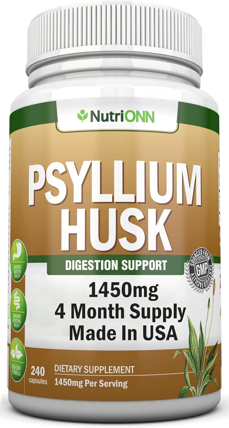 NutriONN Psyllium Husk Capsules - 1450mg - 240 Capsules - Made in USA - Double Strength - Premium Psyllium Fiber Supplement - Great for Digestion