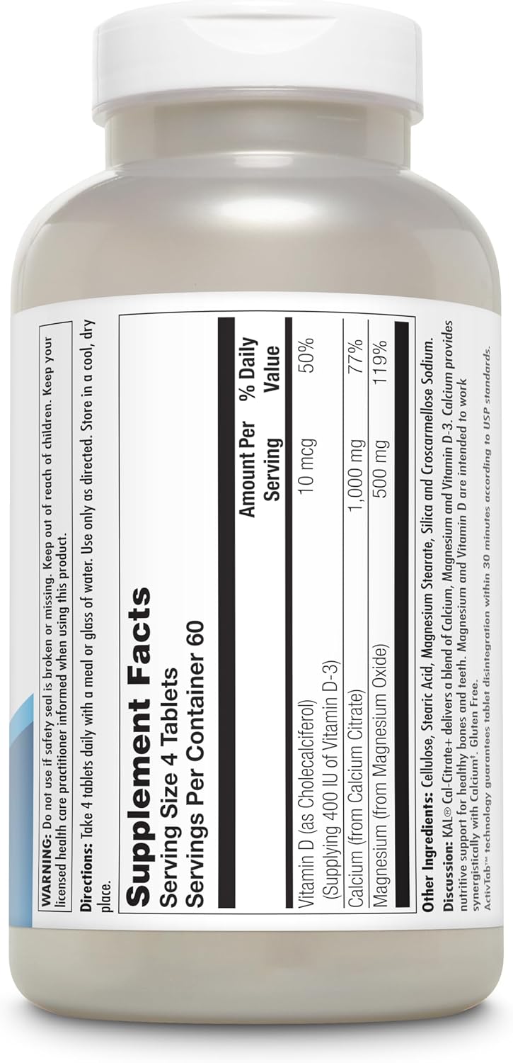 KAL Cal-Citrate+, Calcium Citrate Plus Vitamin D-3 and 500 mg of Magnesium, Healthy Bones and Teeth Support, Gluten Free and Lab Verified for Quality