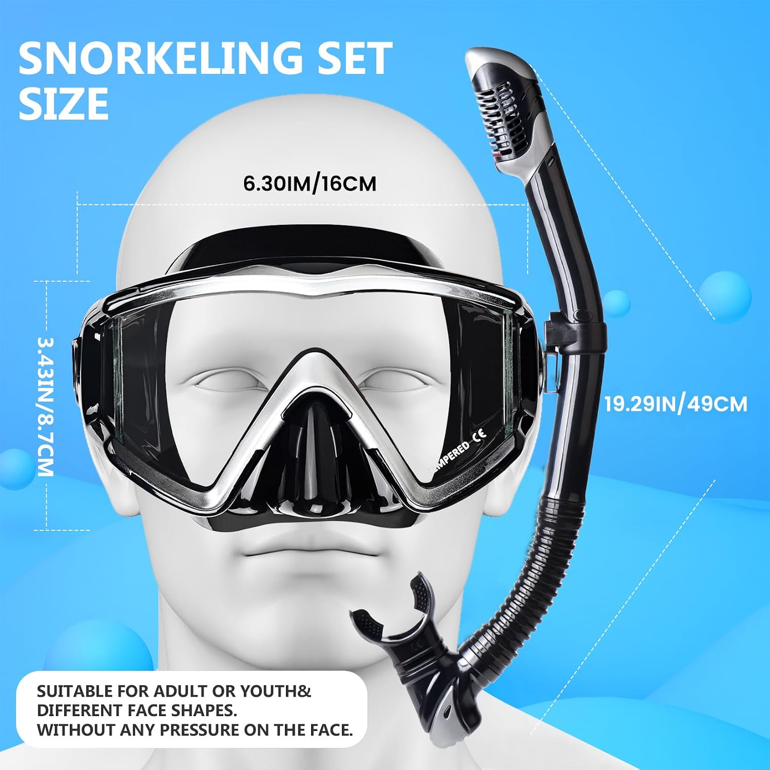 Adult Pano 3 Scuba Diving Mask, Tempered Glass Snorkel Mask Anti-Fog Swim Mask No Leakage Swim Goggles with Nose Cover Snorkeling Gear for Snorkeling