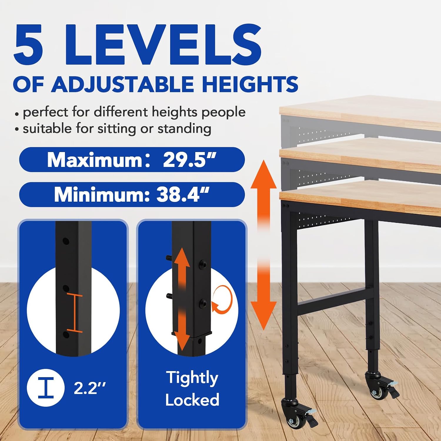 Workbench Adjustable 75' x 25', 2000 Lbs Load Capacity, 29.5"-38.4" Heights Garage Worktable with Universal Wheels & Power Outlet