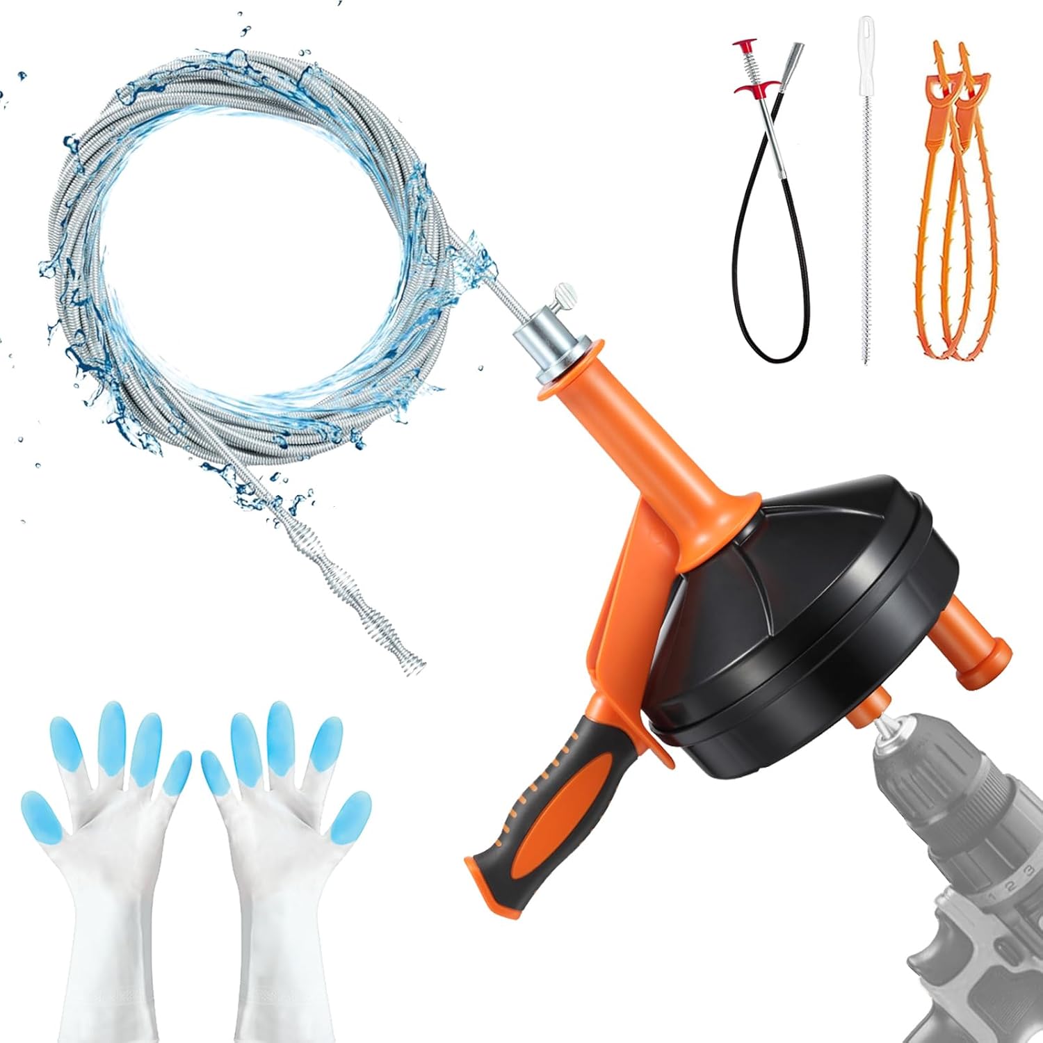 Drain Auger, 25 Feet Plumbing Snake Drain Clog Remover Tool 4-in-1 Set | Included Drain Clog Remover, Hair Clog Remover, Cleaning Brush, for Kitchen