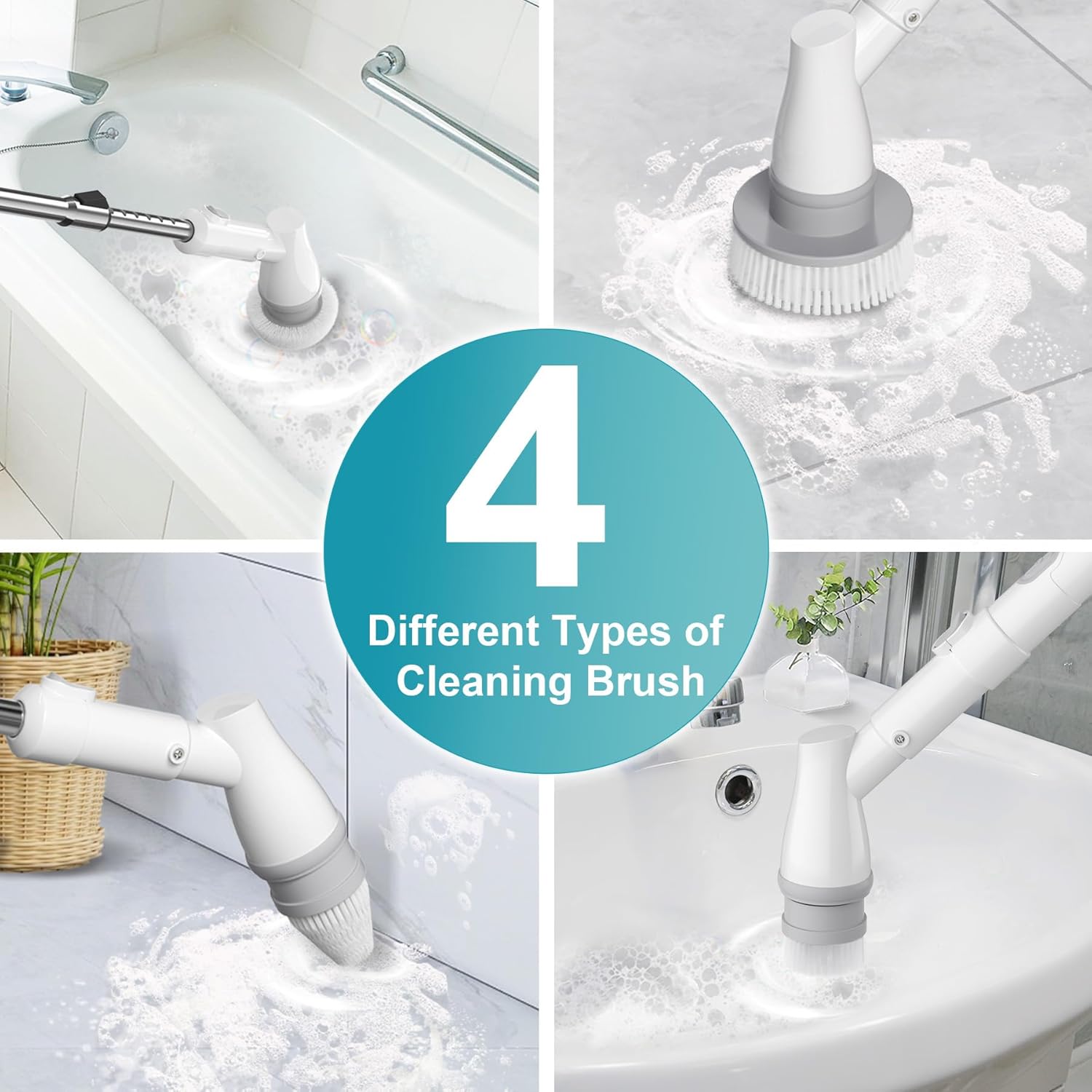 Ultrean Spin Brush, Cordless Electric Spin Scrubber with 4 Replaceable Brush Heads Adjustable Extension Handle